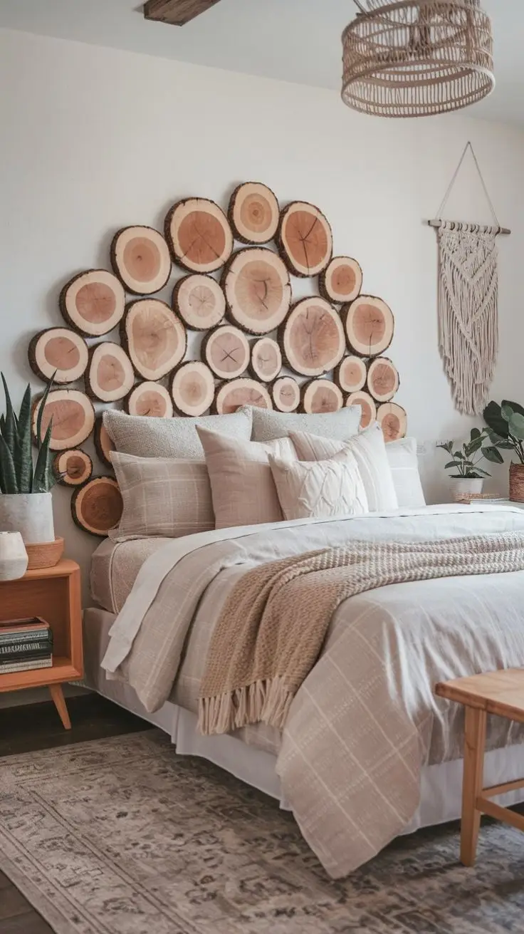 A DIY wooden headboard adds personality to this minimalist bedroom