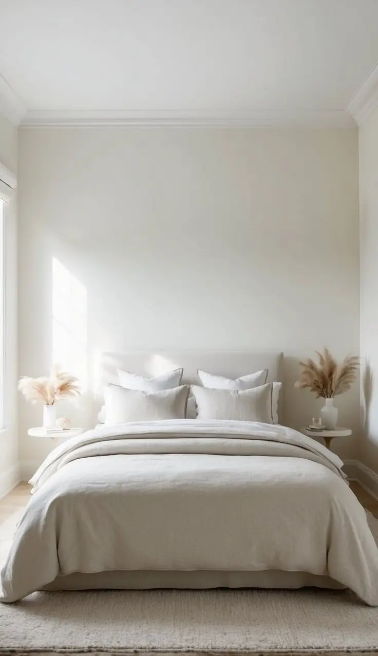 Cheap white bedding with a beige accent creates a minimalist, cost-effective look