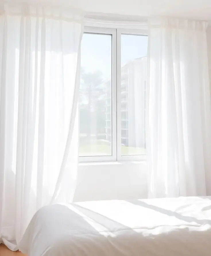 Sheer fabric maximizes natural light in this minimalist bedroom