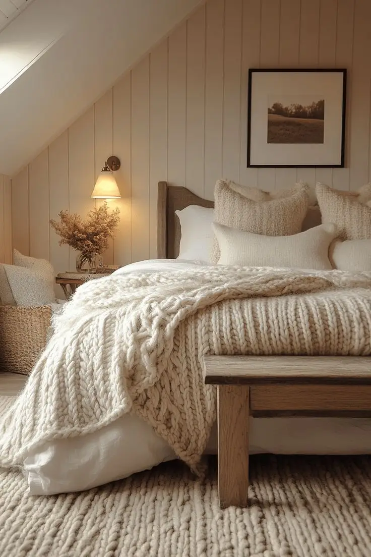 Linen bedding and a cozy rug bring warmth to this bedroom