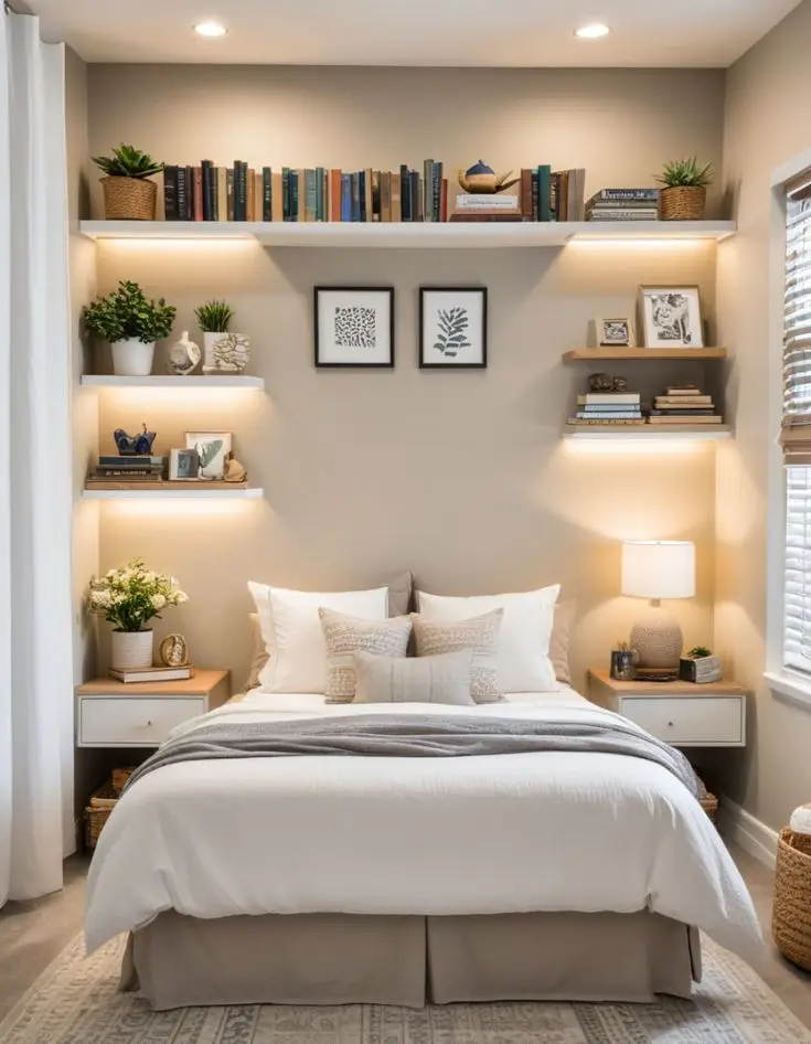 A shelf above the bed adds storage without taking up space
