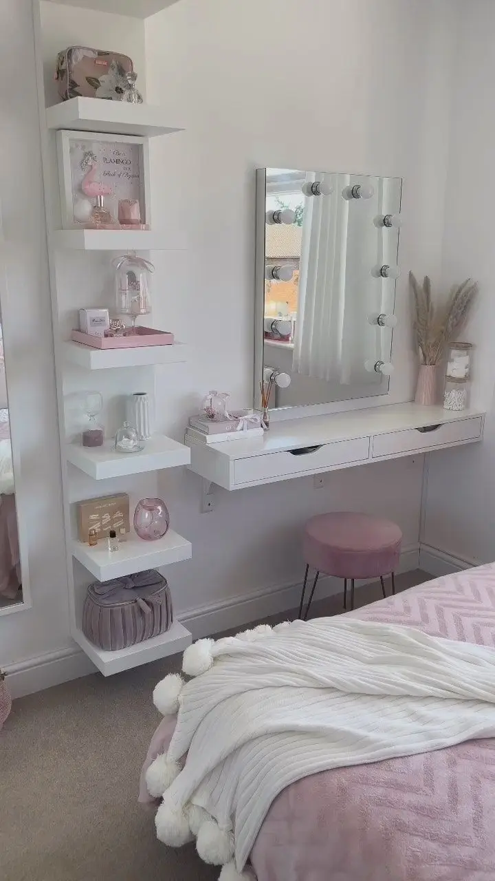 A mirror keeps the bedroom looking sleek and organized