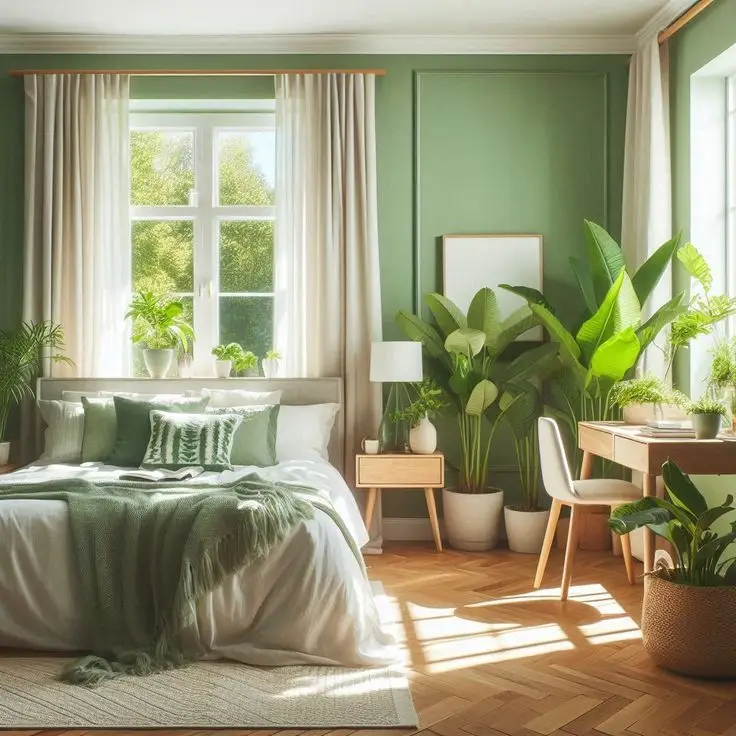 A simple bedroom with white bedding and a splash of green.