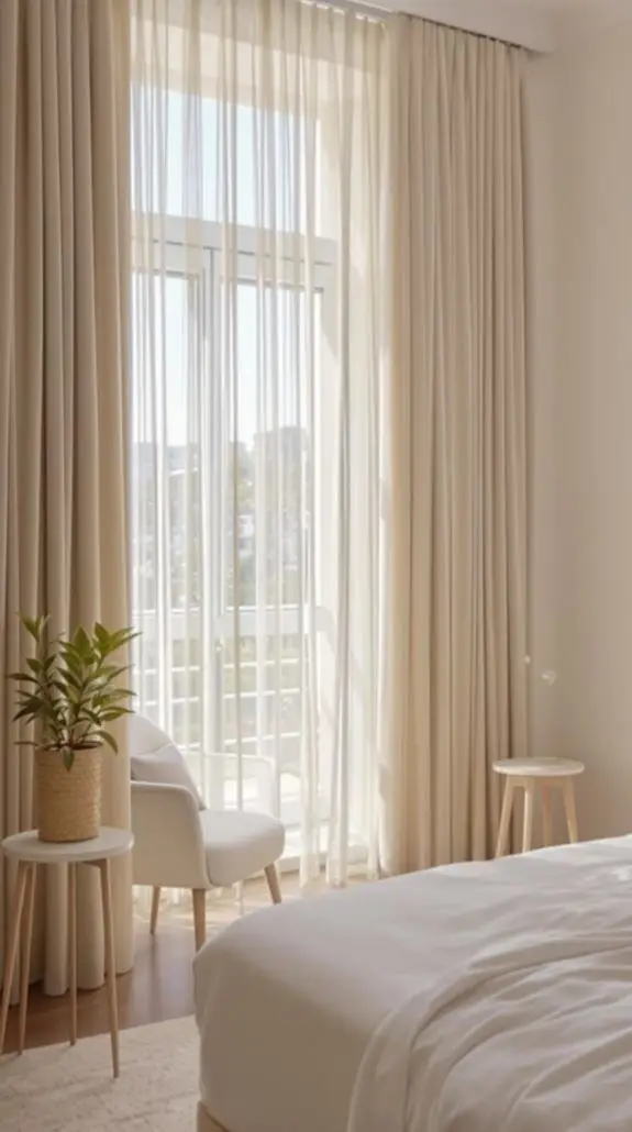 Sheer curtains and lots of light brighten this small bedroom