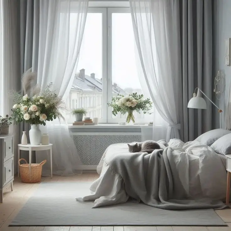 A gray, cool material soft-lined bedroom with light window treatments produces a soothing and inviting atmosphere in the room