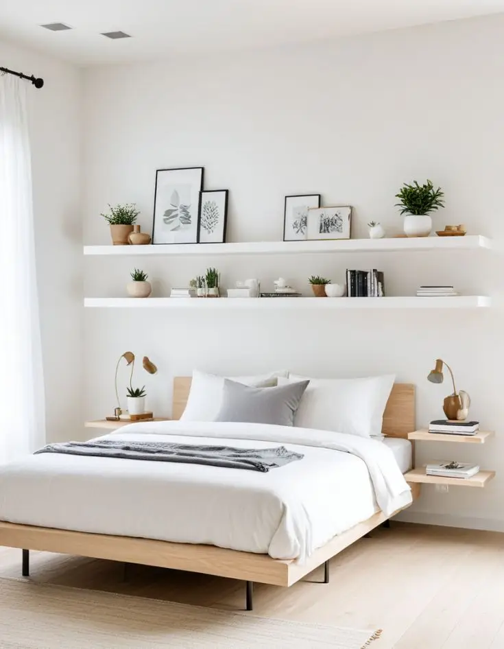 A minimalist bedroom with a couple of potted plants on a shelf to add some nature without overwhelming the space