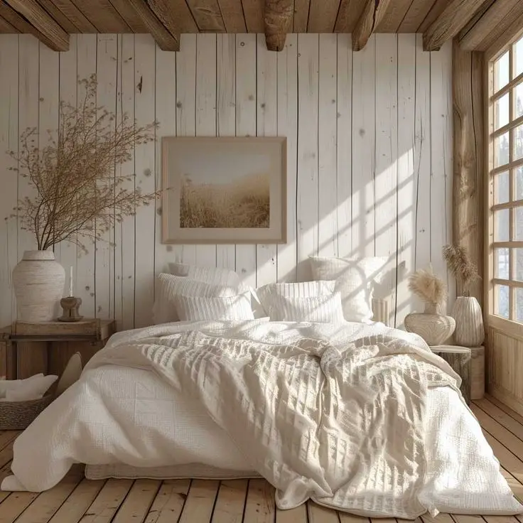 A tidy, simple bedroom with pale walls and wooden furniture of a natural finish, radiating tranquility and openness.