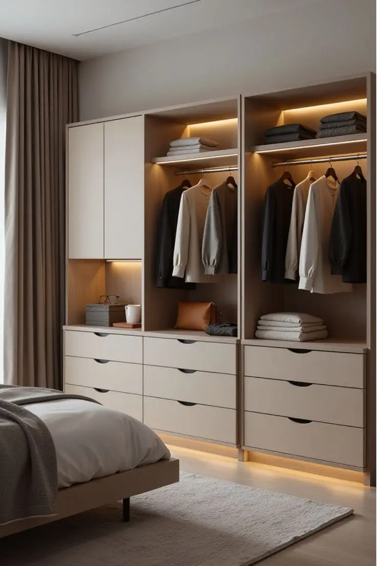 A simple bed with a neat-lined dresser and a shiny new nightstand, having an organized room