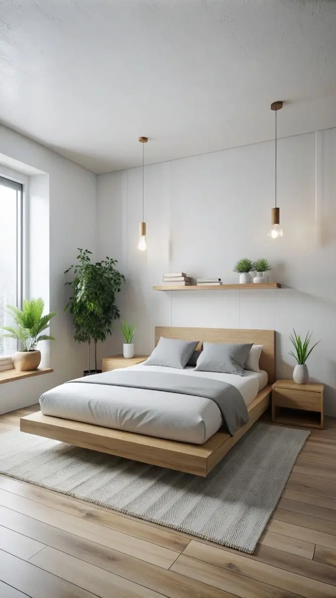 A minimalist bedroom with minimal furniture and simple furnishings, producing a peaceful and neat environment.