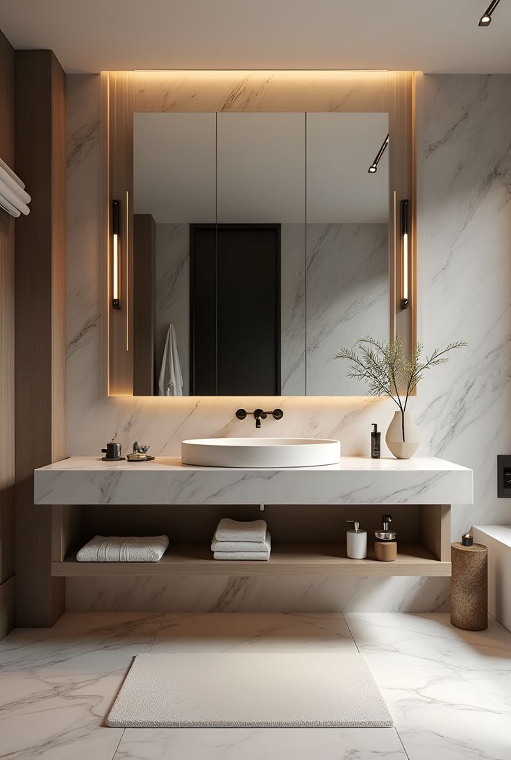 Modern Luxury Bathroom with Floating Vanity and Large Mirror