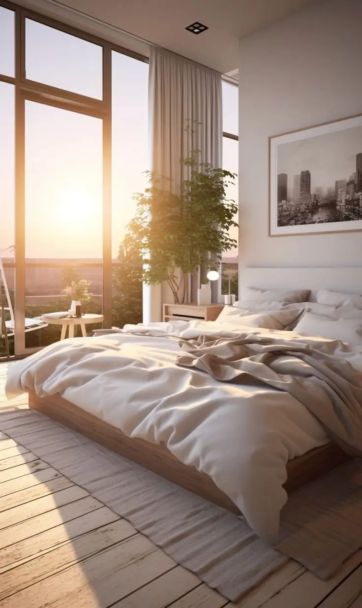 Simple bedroom with large windows that admit plenty of natural light, allowing for an open and airy atmosphere