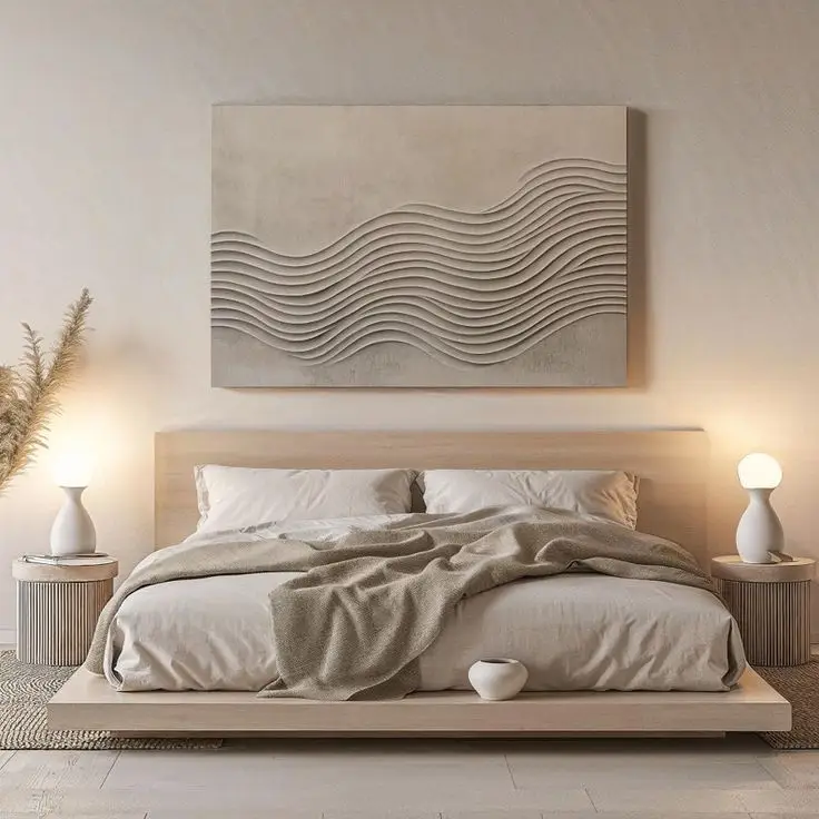 A minimalist bedroom with a single huge piece of abstract artwork on the wall, allowing for visual stimulation without overwhelming the room with an excess of visual input